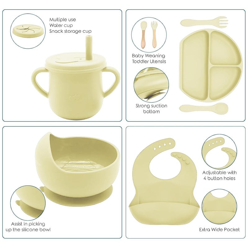 Dormlony 100% Silicone Baby Feeding Set,BPA Free Baby Dishes Set with Suction Bowl Divided Plate,Toddler Self Feeding Dish Set with Spoons Forks Sippy Cup and Bib, Baby Eating Utensils (Yellow) - Image 4